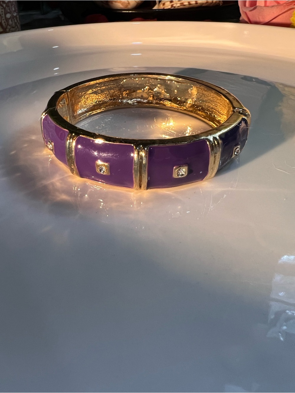 Hinged Purple Enamel Bangle Bracelet with Crystal Accents